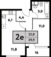 ЖК «Фестиваль парк-2», планировка 2-комнатной квартиры, 39.90 м²