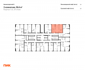 ЖК «Кронштадтский 9», планировка 2-комнатной квартиры, 59.40 м²