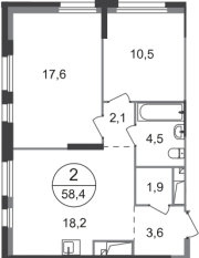 ЖК «Первый Московский», планировка 2-комнатной квартиры, 58.40 м²