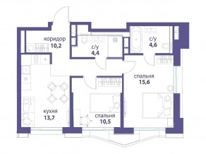 ЖК «Символ», планировка 2-комнатной квартиры, 59.00 м²