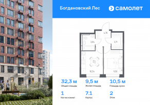 ЖК «Богдановский Лес», планировка 1-комнатной квартиры, 32.29 м²