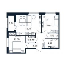 ЖК «Полис Приморский 2», планировка 2-комнатной квартиры, 55.40 м²