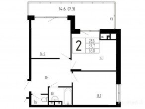 МЖК «Сказка», планировка 2-комнатной квартиры, 65.00 м²