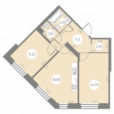 ЖК «Огни Залива», планировка 2-комнатной квартиры, 57.08 м²