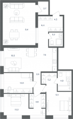 МФК «Равновесие», планировка 4-комнатной квартиры, 107.40 м²