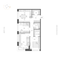 ЖК «ARTEL», планировка 3-комнатной квартиры, 69.20 м²