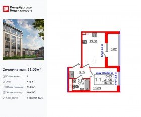 МЖК «Дворцовый фасад», планировка 1-комнатной квартиры, 31.05 м²
