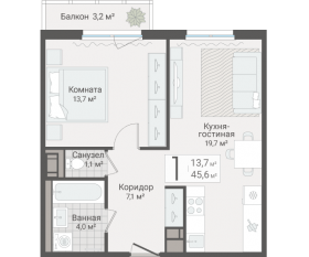 ЖК «Руднева, 15», планировка 1-комнатной квартиры, 45.60 м²