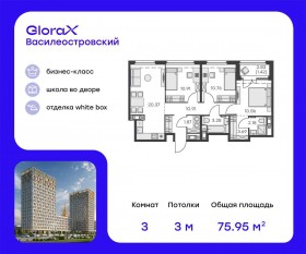 ЖК «GloraX Василеостровский», планировка 3-комнатной квартиры, 74.70 м²