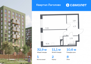 ЖК «Квартал Лаголово», планировка 1-комнатной квартиры, 32.92 м²