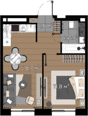 МФК «Зорге 9», планировка 1-комнатной квартиры, 37.30 м²