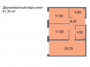 МФК «Про.Молодость (Апартаменты Про.Молодость)», планировка 3-комнатной квартиры, 61.35 м²