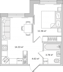 ЖК ЦДС «Dreamline», планировка 1-комнатной квартиры, 34.30 м²