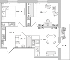 ЖК ЦДС «Новые Горизонты», планировка 2-комнатной квартиры, 54.80 м²