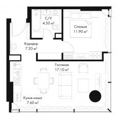 МФК «SLAVA», планировка 1-комнатной квартиры, 48.30 м²