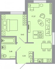 ЖК «Стороны света-2», планировка 1-комнатной квартиры, 33.61 м²