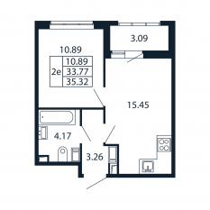 ЖК «Полис Приморский 2», планировка 1-комнатной квартиры, 33.40 м²