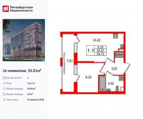 ЖК «Город звезд», планировка 1-комнатной квартиры, 30.81 м²