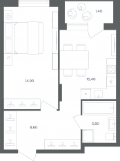 МФК «Равновесие», планировка 1-комнатной квартиры, 37.70 м²