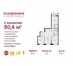 ЖК «Скандинавия», планировка 3-комнатной квартиры, 80.40 м²