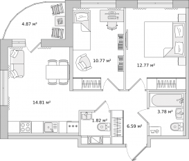 ЖК ЦДС «Dreamline», планировка 2-комнатной квартиры, 50.30 м²