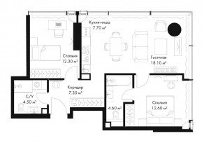 МФК «SLAVA», планировка 2-комнатной квартиры, 67.10 м²