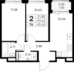 ЖК «GloraX Новоселье», планировка 2-комнатной квартиры, 45.65 м²