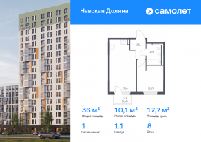 ЖК «Невская Долина», планировка 1-комнатной квартиры, 36.04 м²
