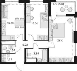 Апарт-комплекс «GloraX Заневский», планировка 2-комнатной квартиры, 69.10 м²