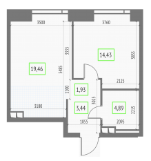ЖК «Upside Towers», планировка 1-комнатной квартиры, 44.15 м²
