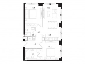 ЖК «Мангазея на Тульской», планировка 2-комнатной квартиры, 69.60 м²