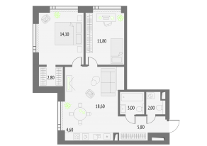 ЖК «Upside Towers», планировка 2-комнатной квартиры, 62.70 м²