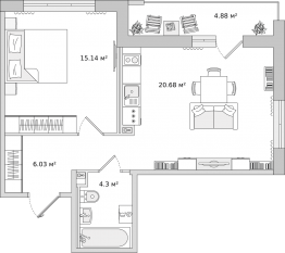 ЖК «Город Первых», планировка 1-комнатной квартиры, 51.03 м²
