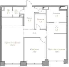 ЖК «Luzhniki Collection», планировка 2-комнатной квартиры, 92.10 м²