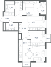 МФК «Равновесие», планировка 4-комнатной квартиры, 72.30 м²