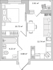 ЖК «Город Первых», планировка 1-комнатной квартиры, 35.19 м²