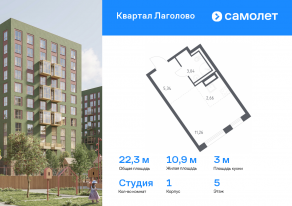 ЖК «Квартал Лаголово», планировка студии, 22.30 м²