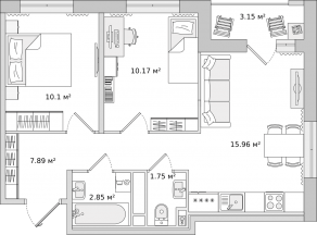 ЖК «Город Первых», планировка 2-комнатной квартиры, 51.58 м²