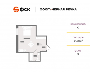 Апарт-комплекс «Zoom Черная речка», планировка студии, 31.00 м²