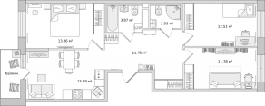 ЖК «Город Первых», планировка 3-комнатной квартиры, 73.90 м²