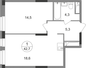 ЖК «Первый Московский», планировка 1-комнатной квартиры, 42.70 м²