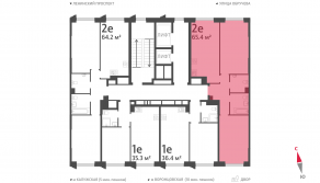 ЖК «Обручева 30», планировка 2-комнатной квартиры, 65.40 м²