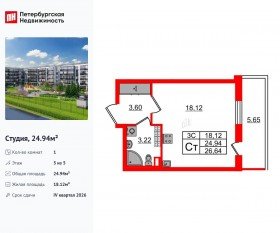 ЖК «Парадный ансамбль», планировка студии, 24.94 м²