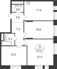 ЖК «Первый Московский», планировка 3-комнатной квартиры, 87.80 м²