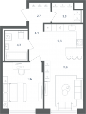 МФК «Равновесие», планировка 2-комнатной квартиры, 46.20 м²
