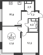 ЖК «Переделкино Ближнее», планировка 2-комнатной квартиры, 60.50 м²