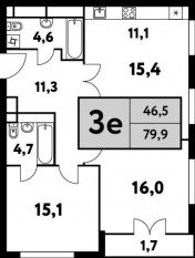 ЖК «Фестиваль парк-2», планировка 3-комнатной квартиры, 79.90 м²