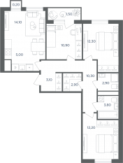 МФК «Равновесие», планировка 3-комнатной квартиры, 77.60 м²