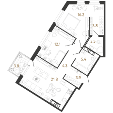 ЖК «Куинджи», планировка 2-комнатной квартиры, 71.00 м²