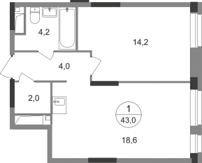 ЖК «Первый Московский», планировка 1-комнатной квартиры, 43.00 м²